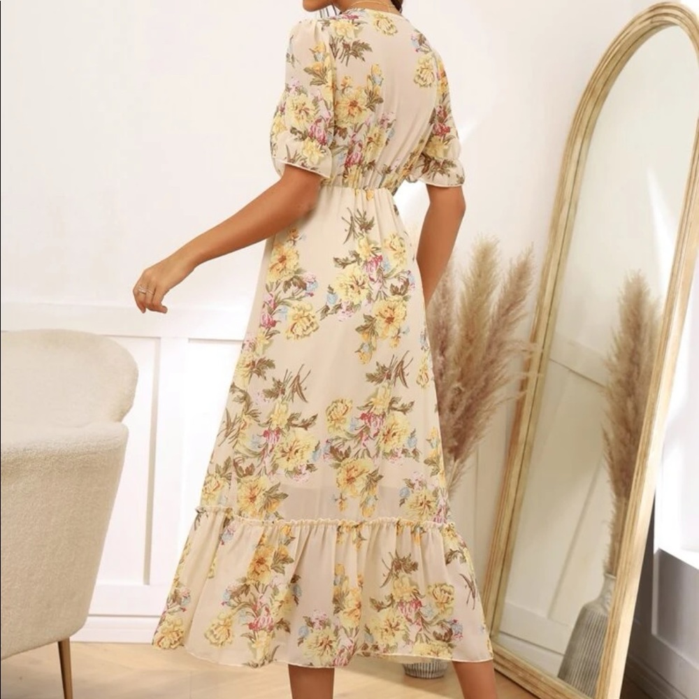 Boho floral print flounce sleeve tie neck maxi dress SOLD OUT - Picture 3 of 6